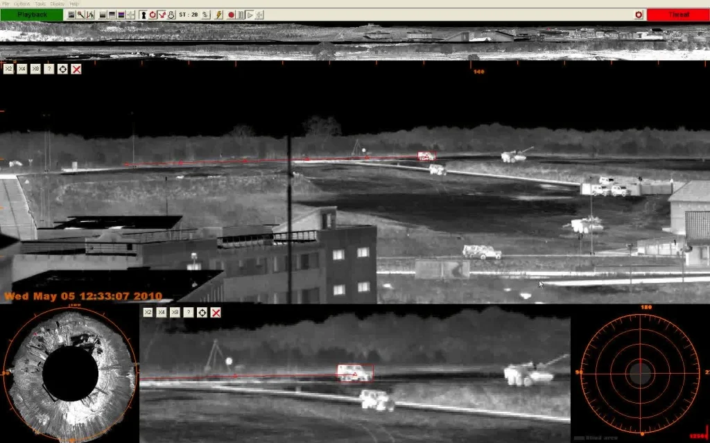 SPYNEL panoramic thermal camera in action: The full panaromic image can be seen at top, with a large zoom window below, and a smaller, more closely zoomed window on the centre bottom. The image at left bottom is a disk view, a circular composite of the panorama. (Screenshot: HGH Infrared Systems)