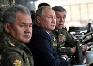 Russia has been mounting cyberattacks on information systems in Ukraine over many years. Russian President Vladimir Putin (centre), Russian Defence Minister Sergei Shoigu (left) and Head of the General Staff of the Armed Forces of Russia and First Deputy Defence Minister Valery Gerasimov watch a military manoeuvre during the Vostok 2018 military exercise in Eastern Siberia, Russia. (Photo: Kremlin Pool Photo: Alexei Nikolsky/Sputnik)