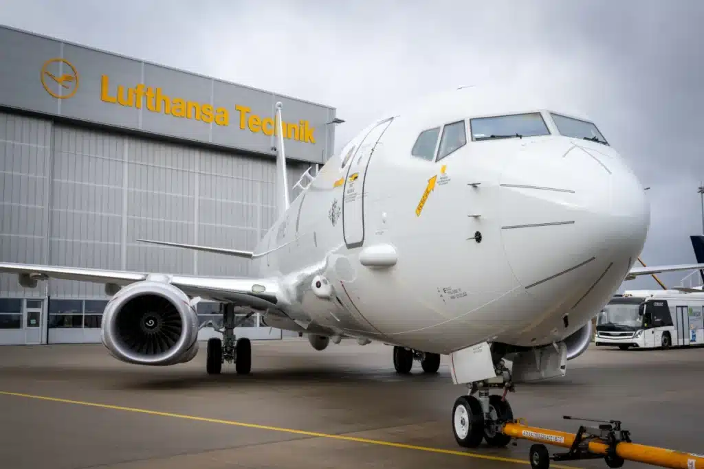 The first of eight to be delivered Boeing 737-based P-8A submarine-hunting aircraft arrived in German on 7 November. Photo: Lufthansa Technik