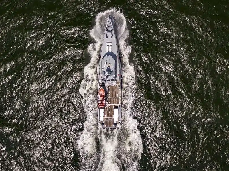 Each Damen FCS 3307 Patrol has a 75m² cargo deck aft rated at 2.5 tonnes/m² that allow them to deliver equipment and spares to offshore installations without any impairment to their primary security role. The bridges are bullet proof and armoured ‘citadels’ within the hulls protect non-combatants. Photo: Damen Shipyards Group