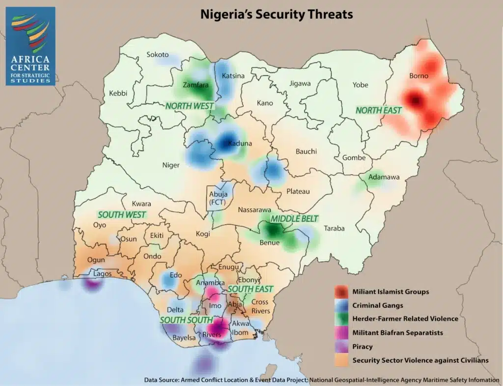 Nigeria faces an array of security challenges beyond Boko Haram: The map reflects the geographic concentration of threats, not the magnitude of each threat. Note: Composite data from 2018-2021. Map: Africa Center for Strategic Studies/National Geospatial-Intelligence Agency Maritime Safety Information