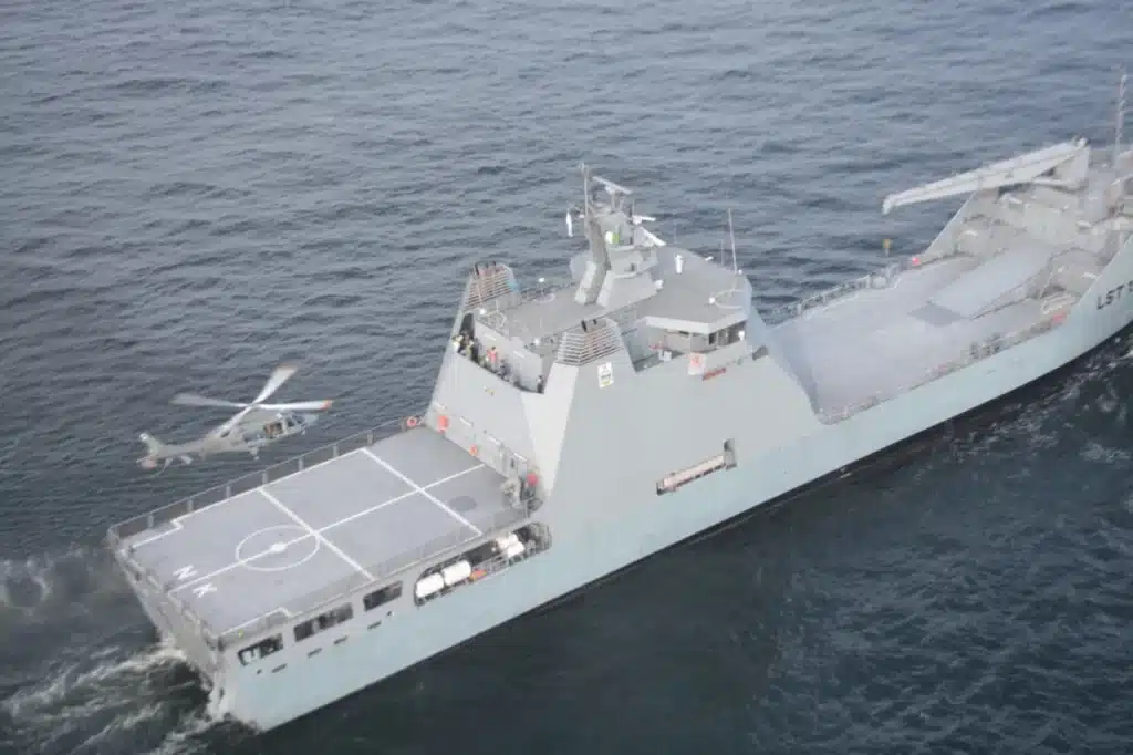 The Nigerian Navy’s landing ship tank NNS Kada (LST 1314), pictured during Exercise Grand African NEMO 2024 in the Gulf of Guinea, was ordered from Damen Shipyards Group in 2019 and built at Albwardy Damen shipyard in Sharjah, United Arab Emirates. She is being deployed for strategic transport of equipment and troops, humanitarian assistance and disaster relief operations, as well as to project maritime security into the Gulf of Guinea. Photo: Nigerian Navy