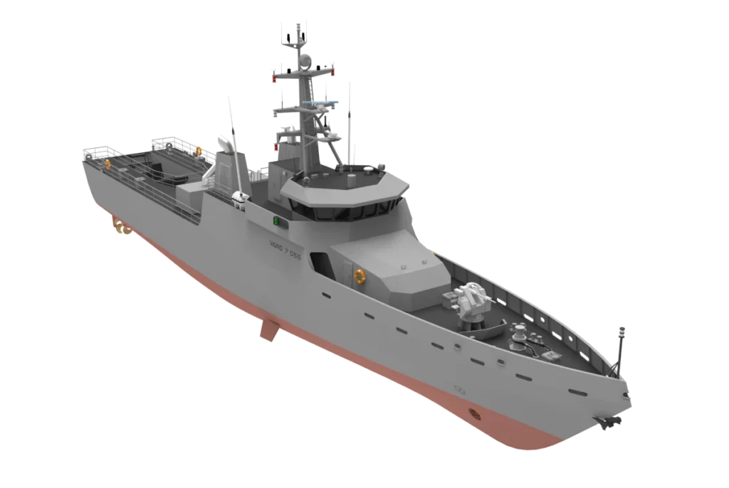 The VARD 7 055 patrol vessel on offer to African maritime nations is designed to undertake surveillance, patrol and response operations and other military tasks such as the protection of territorial and exclusive economic zone waters. Artist’s impression Tripartite Alliance