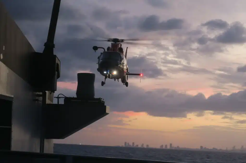 The Royal Navy’s Batch 2 offshore patrol vessel HMS Trent ((P 224) recently experienced the night landing of a US Coast Guard helicopter, indicating a clear trend of manned/unmanned aviation fulfilling missions from small patrol vessels. Photos: Glamox AS