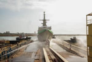 The Royal Saudi Naval Forces intend to re-orientate toward improved warfare capabilities: Navantia has been selected as the Kingdom’s premier supplier of state-of-the-art surface combatants because it is able to combine existing shipbuilding expertise with a steadily evolving ‘system-of-systems’ approach to offer the Kingdom of Saudi Arabia more advanced platforms to cope with current and future threats. Pictured is the launching of the sixth AVANTE 2200 corvette HMS “Al Madinah” (838). Photos: Navantia